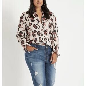 Eloquii Cheetah Print Button Down Shirt W/ Ruffle Neck & Cuff Women's Sz 24